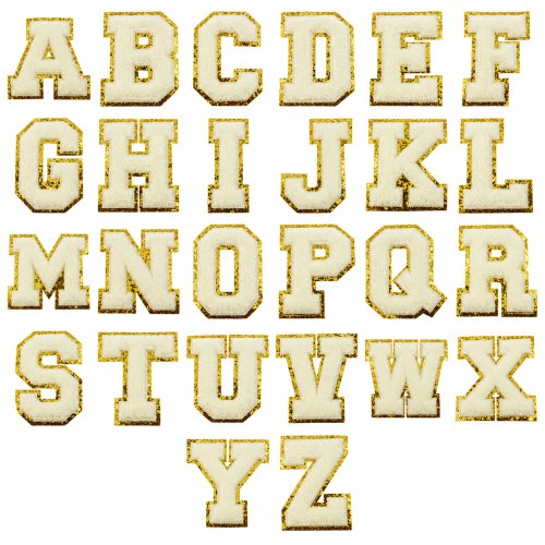 Grote badstof letterpatch off-white met gouden rand — kies A–Z Grote badstof letterpatch off-white met gouden rand — kies A–Z