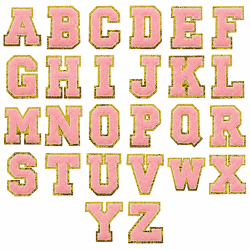 Grote badstof letterpatch roze met gouden rand — kies A–Z