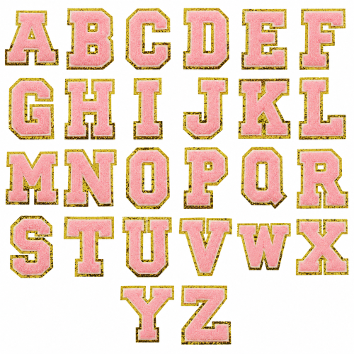 Grote badstof letterpatch roze met gouden rand — kies A–Z