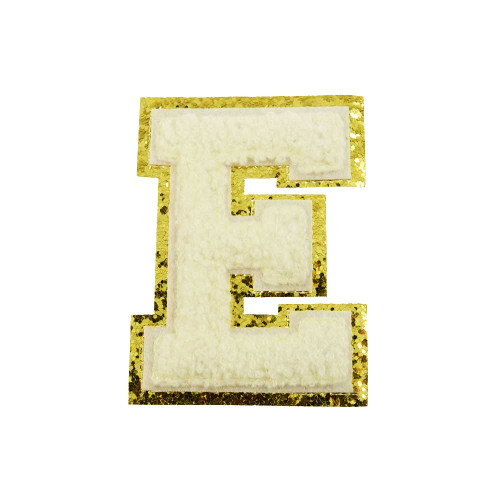 opstrijk letter E badstof off-white met goud glitter rand 8 x 8 cm opstrijk letter E badstof off-white met goud glitter rand 8 x 8 cm