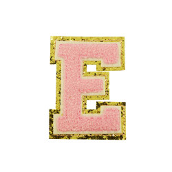opstrijk letter E badstof roze met gouden rand 8 x 8 cm opstrijk letter E badstof roze met gouden rand 8 x 8 cm