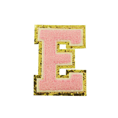 opstrijk letter E badstof roze met gouden rand 8 x 8 cm opstrijk letter E badstof roze met gouden rand 8 x 8 cm