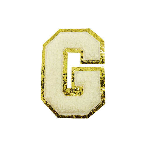 opstrijk letter G badstof off-white met goud glitter rand 8 x 8 cm opstrijk letter G badstof off-white met goud glitter rand 8 x 8 cm