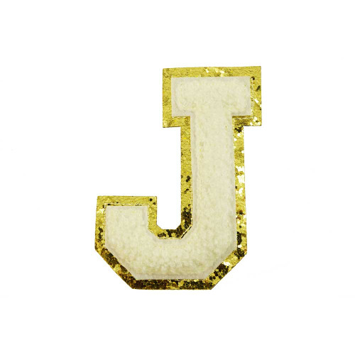 opstrijk letter J badstof off-white met goud glitter rand 8 x 8 cm opstrijk letter J badstof off-white met goud glitter rand 8 x 8 cm