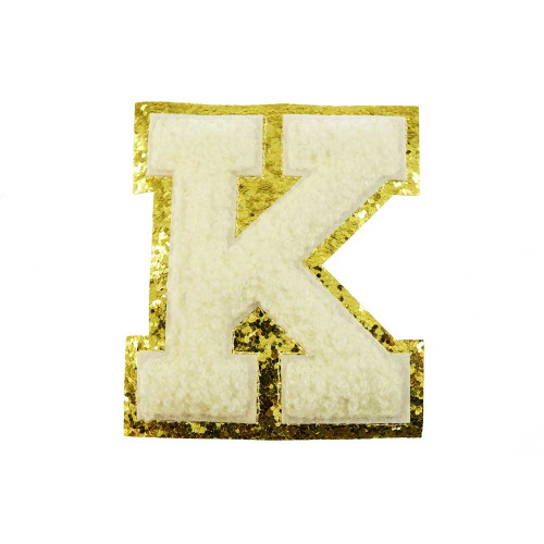 opstrijk letter K badstof off-white met goud glitter rand 8 x 8 cm opstrijk letter K badstof off-white met goud glitter rand 8 x 8 cm