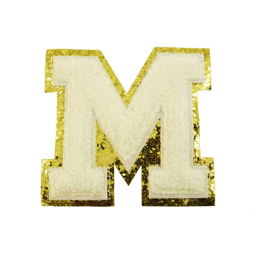 opstrijk letter M badstof off-white met goud glitter rand 8 x 8 cm opstrijk letter M badstof off-white met goud glitter rand 8 x 8 cm