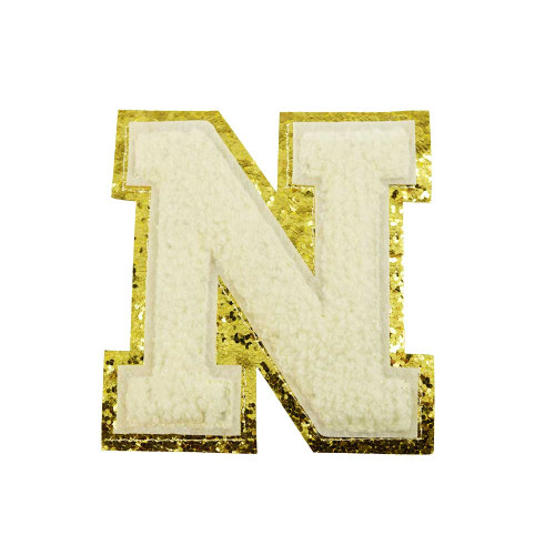 opstrijk letter N badstof off-white met goud glitter rand 8 x 8 cm opstrijk letter N badstof off-white met goud glitter rand 8 x 8 cm