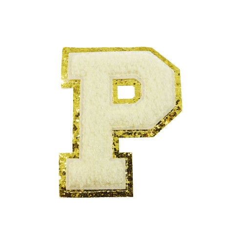 opstrijk letter P badstof off-white met goud glitter rand 8 x 8 cm opstrijk letter P badstof off-white met goud glitter rand 8 x 8 cm