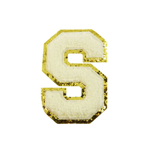 opstrijk letter S badstof off-white met goud glitter rand 8 x 8 cm opstrijk letter S badstof off-white met goud glitter rand 8 x 8 cm