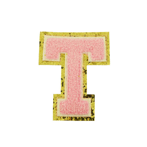opstrijk letter T badstof roze met gouden rand 8 x 8 cm opstrijk letter T badstof roze met gouden rand 8 x 8 cm