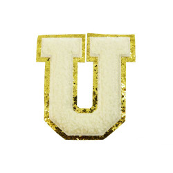 opstrijk letter U badstof off-white met goud glitter rand 8 x 8 cm opstrijk letter U badstof off-white met goud glitter rand 8 x 8 cm