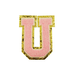 opstrijk letter U badstof roze met gouden rand 8 x 8 cm opstrijk letter U badstof roze met gouden rand 8 x 8 cm