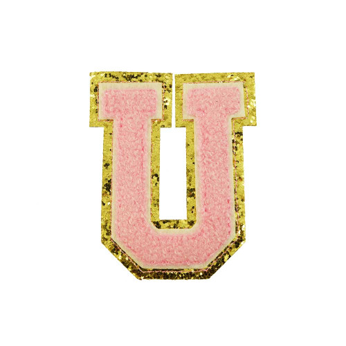 opstrijk letter U badstof roze met gouden rand 8 x 8 cm opstrijk letter U badstof roze met gouden rand 8 x 8 cm
