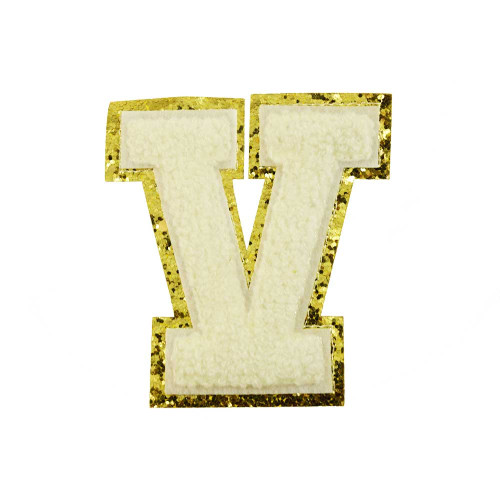 opstrijk letter V badstof off-white met goud glitter rand 8 x 8 cm opstrijk letter V badstof off-white met goud glitter rand 8 x 8 cm