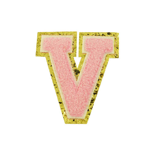 opstrijk letter V badstof roze met gouden rand 8 x 8 cm opstrijk letter V badstof roze met gouden rand 8 x 8 cm