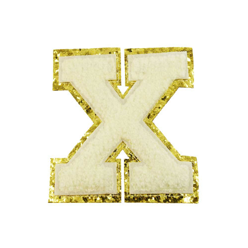 opstrijk letter X badstof off-white met goud glitter rand 8 x 8 cm opstrijk letter X badstof off-white met goud glitter rand 8 x 8 cm