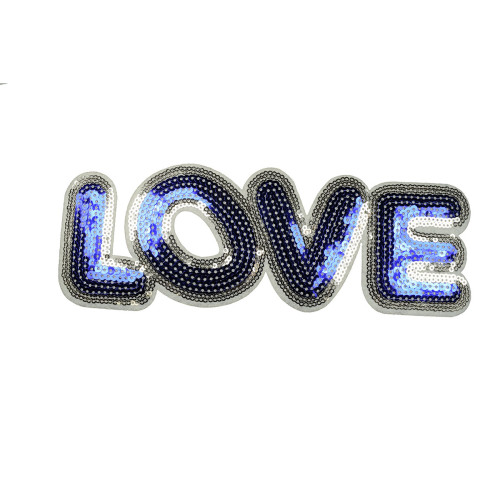 opstrijkbare love patch pailletten blauw 24 x 8 cm